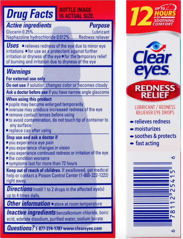 Gouttes Clear Eyes Redness Relief 15ml Packaging, Ingrédients, composition, contre-indications, conseils d'utilisation