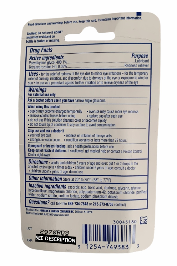 Conseils d'utilisation, contre-indications et ingrédients Visine Hydrating Comfort 8ml